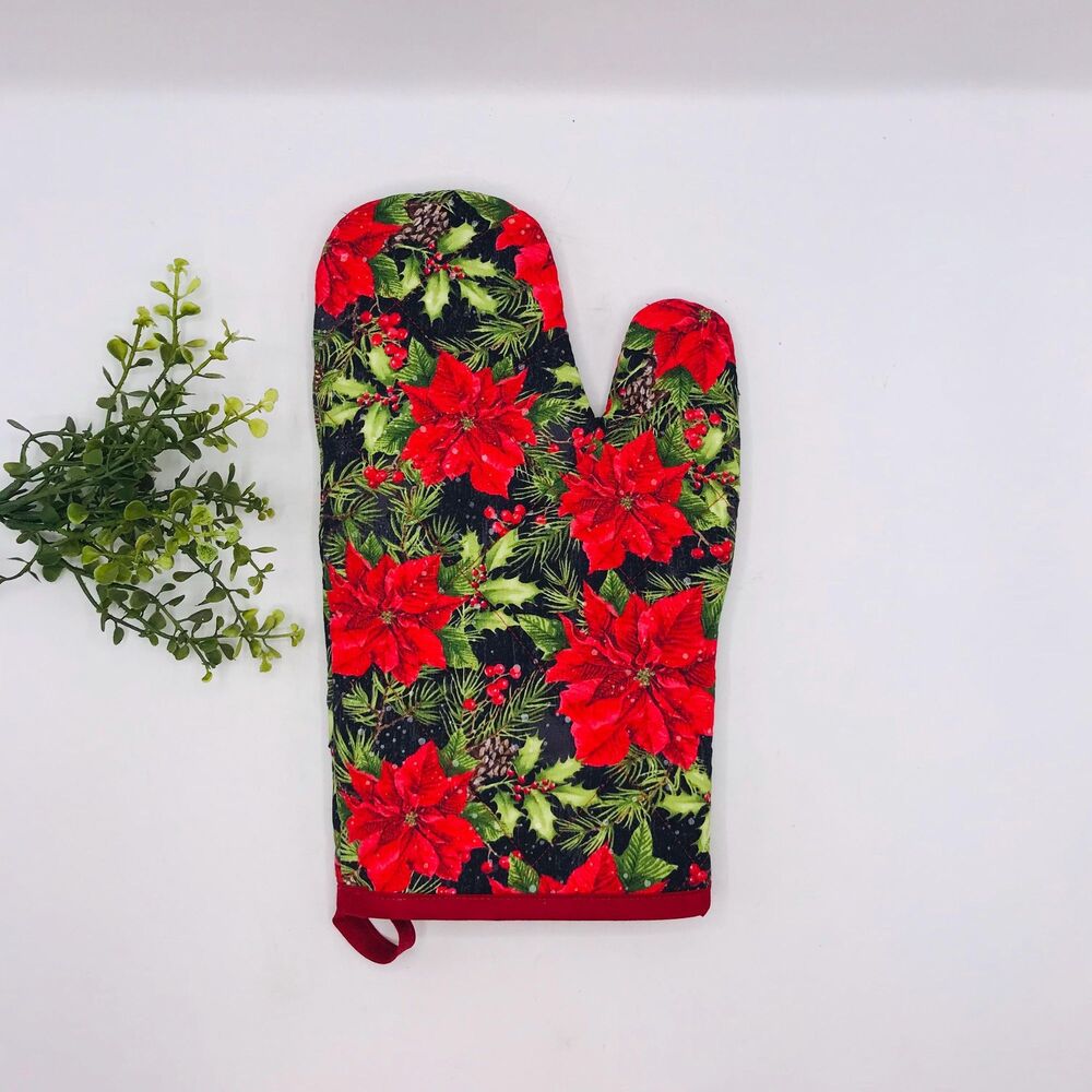 Oven Mitt: Christmas Baking Mitt Gift Cottage Poinsettias Pinecones and Holly